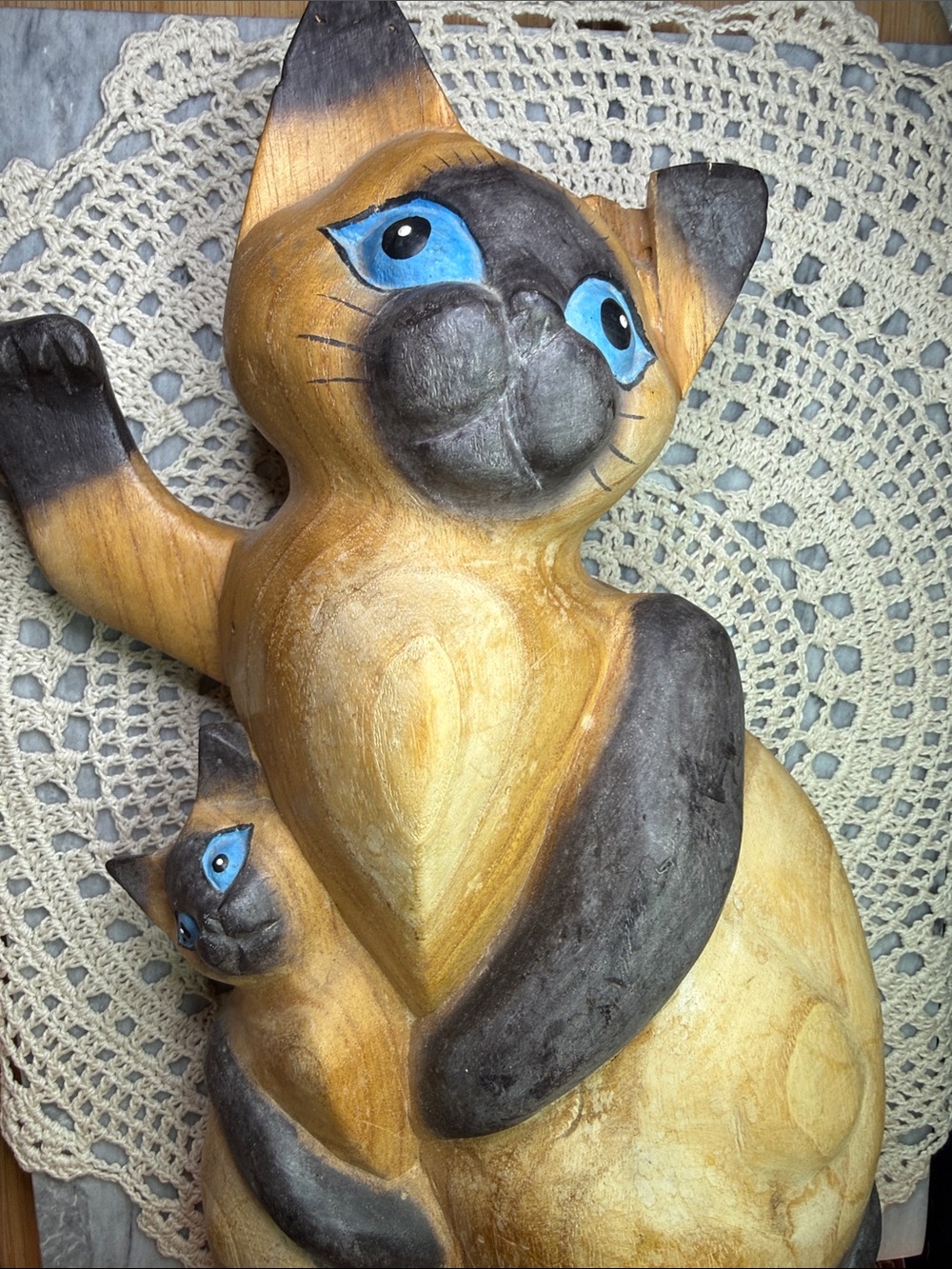 Handcrafted Cat Figurine Wall Art in Brown and Blue